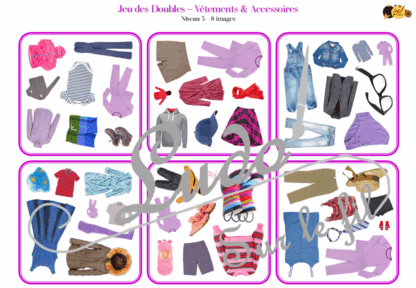Jeu des doubles - Vêtements & Accessoires : hauts, bas, chaussures, sous-vêtements... - 5 niveaux progressifs (3 4 5 6 ou 8 images) - Dobble - jeu pour travailler la discrimination visuelle, la rapidité l'observation et le lexique / vocabulaire autour des vêtements et des accessoires - Document PDF à télécharger et à imprimer ou jeu imprimé - lslf