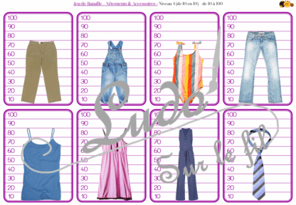 Jeu de bataille - Vêtements & Accessoires - Comparaison de taille et de chiffres et nombres - 4 niveaux - avec ou sans chiffre - de 1 à 6 - de 1 à 10 - de 5 à 50 de 5 en 5 - de 10 à 100 de 10 en 10 - Progressif - Classement par ordre croissant - Rangement - Tri taille - Reconnaissance Chiffres - à télécharger et à imprimer ou jeu imprimé - Atelier maternelle et Cycle 2 - Vocabulaire Vêtements, chaussures, bas, haut, 4 saisons - Thème vêtements et accessoires - lslf