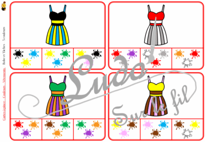 Jeu de cartes à pince sur les couleurs et les vêtements - Pour un thème sur les vêtements et les accessoires - 78 cartes réparties en 6 niveaux de difficulté - progressif - 1, 2, 3 couleurs - Vêtements et couleurs ou deux vêtements différents - Autocorrection au dos - Atelier préscolaire et maternelle autonome - Thème Vêtements et accessoires - Support pédagogique - Document PDF à télécharger et imprimer ou jeu imprimé - Motricité fine et pince Pouce-Index avec pinces à linge - ludique - lslf