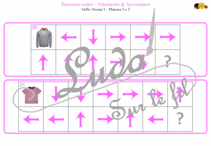 Suis les parcours codés - Vêtements et Accessoires : pantalons, bas, hauts, chaussures... - codage, repérage et vocabulaire spatial - jeu et atelier autonome et autocorrectif Maternelle (Cycle 1) et Primaire (Cycle 2) - Niveaux et difficulté progressifs - PDF à télécharger et à imprimer ou jeu imprimé - difficulté progressive et solutions - lslf