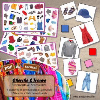 Cherche et Trouve - Vêtements et Accessoires - Photos - Lynx - Hauts, bas, ensembles, chaussures, accessoires - Photos sur fond blanc - 4 planches pour un plateau modulable à souhait et différents niveaux de jeu - jusqu'à 100 cartes à trouver - jeu observation et rapidité - PDF à télécharger et à imprimer ou jeu imprimé - atelier maternelle - Noms des éléments - lslf