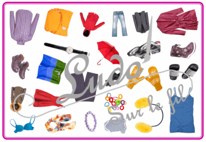 Cherche et Trouve - Vêtements et Accessoires - Photos - Lynx - Hauts, bas, ensembles, chaussures, accessoires - Photos sur fond blanc - 4 planches pour un plateau modulable à souhait et différents niveaux de jeu - jusqu'à 100 cartes à trouver - jeu observation et rapidité - PDF à télécharger et à imprimer ou jeu imprimé - atelier maternelle - Noms des éléments - lslf