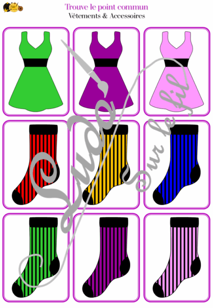 Jeu d'observation et de rapidité sur le thème des vêtements et des accessoires : 72 cartes dont il faut trouver le point commun (motifs, couleurs, vêtements) - Vocabulaire - Atelier autonome maternelle et cycle 2 - fichier à télécharger et à imprimer sous format PDF ou jeu imprimé - 4 saisons, bas, hauts, ensembles, sous-vêtements, chaussures, bijoux, accessoires divers...