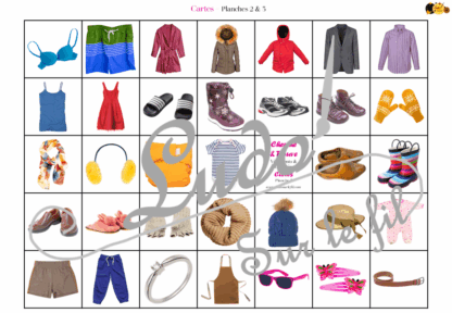 Cherche et Trouve - Vêtements et Accessoires - Photos - Lynx - Hauts, bas, ensembles, chaussures, accessoires - Photos sur fond blanc - 4 planches pour un plateau modulable à souhait et différents niveaux de jeu - jusqu'à 100 cartes à trouver - jeu observation et rapidité - PDF à télécharger et à imprimer ou jeu imprimé - atelier maternelle - Noms des éléments - lslf