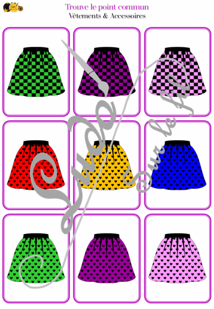 Jeu d'observation et de rapidité sur le thème des vêtements et des accessoires : 72 cartes dont il faut trouver le point commun (motifs, couleurs, vêtements) - Vocabulaire - Atelier autonome maternelle et cycle 2 - fichier à télécharger et à imprimer sous format PDF ou jeu imprimé - 4 saisons, bas, hauts, ensembles, sous-vêtements, chaussures, bijoux, accessoires divers...