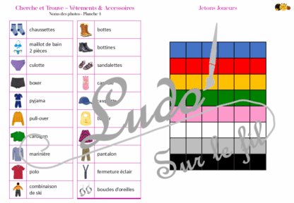 Cherche et Trouve - Vêtements et Accessoires - Photos - Lynx - Hauts, bas, ensembles, chaussures, accessoires - Photos sur fond blanc - 4 planches pour un plateau modulable à souhait et différents niveaux de jeu - jusqu'à 100 cartes à trouver - jeu observation et rapidité - PDF à télécharger et à imprimer ou jeu imprimé - atelier maternelle - Noms des éléments - lslf
