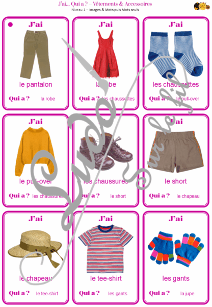 Jeu J'ai... qui a ? Vêtements et Accessoires - Travail sur le vocabulaire - développement et réinvestissement du langage, du lexique, de la logique - 96 cartes - 4 niveaux - 3 versions - lecture de mots - Jeu évolutif - Atelier autonome maternelle et cycle 2 - fichier à télécharger et à imprimer sous format PDF ou jeu imprimé - 4 saisons, bas, hauts, ensembles, sous-vêtements, chaussures, bijoux, accessoires divers...