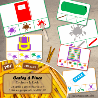 Jeu de cartes à pince sur les couleurs, l'école et la rentrée scolaire - Pour un thème sur les fournitures scolaires - 78 cartes réparties en 6 niveaux de difficulté - progressif - 1, 2, 3 couleurs - Objets et couleurs ou deux objets différents - Autocorrection au dos - Atelier préscolaire et maternelle autonome - Thème Ecole et rentrée scolaire - Support pédagogique - Document PDF à télécharger et imprimer ou jeu imprimé - Motricité fine et pince Pouce-Index avec pinces à linge - ludique - lslf