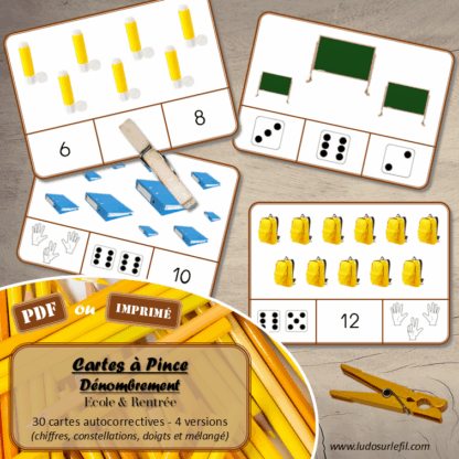 Jeu de cartes à pince de dénombrement de 1 à 15 - Thème Ecole et rentrée scolaire - 30 cartes autocorrectives avec différentes représentations des nombres - constellations du dé, chiffres, doigts de la main, mélangé - compter de 1 à 15 - 120 cartes réparties en 4 niveaux de difficulté - progressif - Autocorrection au dos - Atelier autonome maternelle ou élémentaire - Cycles 1 et 2 - Document PDF à télécharger et imprimer ou jeu imprimé - Motricité fine et pince Pouce-Index avec pinces à linge - ludique - Thème école, rentrée scolaire, fournitures scolaires - lslf