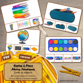 Jeu de cartes à pince - Photos identiques - Thème Ecole et rentrée scolaire - 80 cartes autocorrectives de différents niveaux - 3 ou 4 propositions de réponses - Niveau 1 : objets différents - Niveau 2 : objets issus de la même catégorie - différents niveaux de difficulté - progressif - Autocorrection au dos : point grisé - Atelier autonome pré-scolaire, maternelle ou élémentaire - Cycles 1 et 2 - Document PDF à télécharger et imprimer ou jeu imprimé - Motricité fine et pince Pouce-Index avec pinces à linge, observation, discrimination visuelle, logique - ludique - Thème école, rentrée, fournitures scolaires - lslf