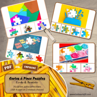 Jeu de cartes à pince - Puzzles - Thème Ecole et rentrée scolaire - 76 cartes autocorrectives de différents niveaux - 3 ou 4 propositions de réponses - Niveau 1 : pièces issues de puzzles différents - Niveau 2 : pièces issues du même puzzle - différents niveaux de difficulté - progressif - Autocorrection au dos : point grisé - Atelier autonome pré-scolaire, maternelle ou élémentaire - Cycles 1 et 2 - Document PDF à télécharger et imprimer ou jeu imprimé - Motricité fine et pince Pouce-Index avec pinces à linge, observation, discrimination visuelle, logique - ludique - Thème Ecole, Rentrée et fournitures scolaires - lslf
