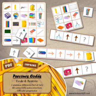 Suis les parcours codés - Ecole & Rentrée : fournitures scolaires, meubles, objets... - codage, repérage et vocabulaire spatial - jeu et atelier autonome et autocorrectif Maternelle (Cycle 1) et Primaire (Cycle 2) - Niveaux et difficulté progressifs - PDF à télécharger et à imprimer ou jeu imprimé - difficulté progressive et solutions - lslf