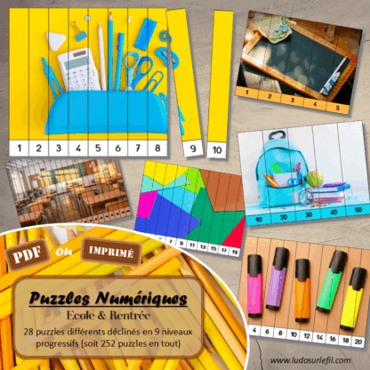 Jeu Puzzles numériques - Ecole et Rentrée scolaire - 28 puzzles en 9 niveaux progressifs - Suite numérique de 1 à 20 - Comptage de 2 en 2 - Chiffres pairs et impairs - Comptage de 10 en 10 - Connaissance Chiffres et Dizaines - Mathématiques - Comptine numérique - Ecole, rentrée, fournitures scolaires, lieux - Atelier autonome maternelle et élémentaire - PDF à télécharger et imprimer ou jeu imprimé - cycles 1 ou 2 - lslf