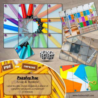 Jeu Puzzles Trac - Ecole et rentrée scolaire - inspiré du célèbre Shut the box - Fermer la boîte - Trac - lance les dés, choisis les pièces et complète ton puzzle au maximum - Mathématiques, constellations, dénombrement, additions, décomposition additive, stratégie, probabilité, différentes représentations nombre - Jeu de société en 3 niveaux progressifs - de 1 à 18 - Atelier maternelle et élémentaire - PDF à télécharger et imprimer ou jeu imprimé - cycles 1 ou 2 - calcul - Ecole, rentrée, fournitures scolaires - lslf
