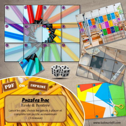 Jeu Puzzles Trac - Ecole et rentrée scolaire - inspiré du célèbre Shut the box - Fermer la boîte - Trac - lance les dés, choisis les pièces et complète ton puzzle au maximum - Mathématiques, constellations, dénombrement, additions, décomposition additive, stratégie, probabilité, différentes représentations nombre - Jeu de société en 3 niveaux progressifs - de 1 à 18 - Atelier maternelle et élémentaire - PDF à télécharger et imprimer ou jeu imprimé - cycles 1 ou 2 - calcul - Ecole, rentrée, fournitures scolaires - lslf