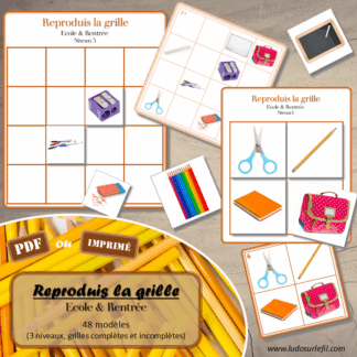 Reproduis la grille - Ecole et Rentrée - 48 modèles à reproduire - Repérage dans l'espace et vocabulaire spatial - Variante pour travailler la mémoire - Variante à deux pour le langage oral - Dicte, décris la grille pour que l'autre jouer la reproduise - jeu et atelier autonome Maternelle (Cycle 1) et Primaire (Cycle 2) - PDF à télécharger et à imprimer ou jeu imprimé - difficulté progressive - repérage spatial - se repérer dans une grille, dans un tableau - Thème Ecole, rentrée scolaire, fournitures scolaires - lslf