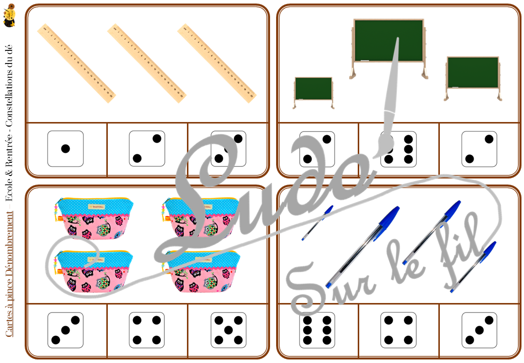 Jeu de cartes à pince de dénombrement de 1 à 15 - Thème Ecole et rentrée scolaire - 30 cartes autocorrectives avec différentes représentations des nombres - constellations du dé, chiffres, doigts de la main, mélangé - compter de 1 à 15 - 120 cartes réparties en 4 niveaux de difficulté - progressif - Autocorrection au dos - Atelier autonome maternelle ou élémentaire - Cycles 1 et 2 - Document PDF à télécharger et imprimer ou jeu imprimé - Motricité fine et pince Pouce-Index avec pinces à linge - ludique - Thème école, rentrée scolaire, fournitures scolaires - lslf