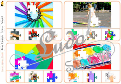 Jeu de cartes à pince - Puzzles - Thème Ecole et rentrée scolaire - 76 cartes autocorrectives de différents niveaux - 3 ou 4 propositions de réponses - Niveau 1 : pièces issues de puzzles différents - Niveau 2 : pièces issues du même puzzle - différents niveaux de difficulté - progressif - Autocorrection au dos : point grisé - Atelier autonome pré-scolaire, maternelle ou élémentaire - Cycles 1 et 2 - Document PDF à télécharger et imprimer ou jeu imprimé - Motricité fine et pince Pouce-Index avec pinces à linge, observation, discrimination visuelle, logique - ludique - Thème Ecole, Rentrée et fournitures scolaires - lslf