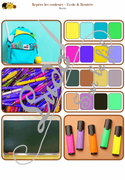 Jeu Repère les couleurs - Ecole & rentrée - photos / cartes à associer aux palettes de 4 couleurs - à télécharger et à imprimer - atelier autocorrectif maternelle ou cycle 2 - observation, déduction, logique, discrimination visuelle, vocabulaire et lexique - Thème école, rentrée, fournitures scolaires - lslf
