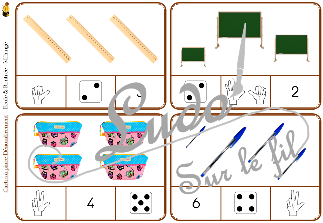 Jeu de cartes à pince de dénombrement de 1 à 15 - Thème Ecole et rentrée scolaire - 30 cartes autocorrectives avec différentes représentations des nombres - constellations du dé, chiffres, doigts de la main, mélangé - compter de 1 à 15 - 120 cartes réparties en 4 niveaux de difficulté - progressif - Autocorrection au dos - Atelier autonome maternelle ou élémentaire - Cycles 1 et 2 - Document PDF à télécharger et imprimer ou jeu imprimé - Motricité fine et pince Pouce-Index avec pinces à linge - ludique - Thème école, rentrée scolaire, fournitures scolaires - lslf