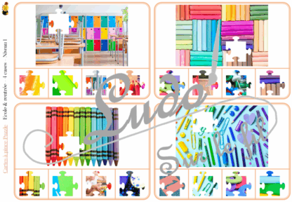 Jeu de cartes à pince - Puzzles - Thème Ecole et rentrée scolaire - 76 cartes autocorrectives de différents niveaux - 3 ou 4 propositions de réponses - Niveau 1 : pièces issues de puzzles différents - Niveau 2 : pièces issues du même puzzle - différents niveaux de difficulté - progressif - Autocorrection au dos : point grisé - Atelier autonome pré-scolaire, maternelle ou élémentaire - Cycles 1 et 2 - Document PDF à télécharger et imprimer ou jeu imprimé - Motricité fine et pince Pouce-Index avec pinces à linge, observation, discrimination visuelle, logique - ludique - Thème Ecole, Rentrée et fournitures scolaires - lslf