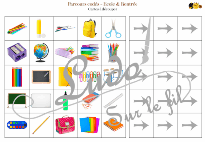 Suis les parcours codés - Ecole & Rentrée : fournitures scolaires, meubles, objets... - codage, repérage et vocabulaire spatial - jeu et atelier autonome et autocorrectif Maternelle (Cycle 1) et Primaire (Cycle 2) - Niveaux et difficulté progressifs - PDF à télécharger et à imprimer ou jeu imprimé - difficulté progressive et solutions - lslf