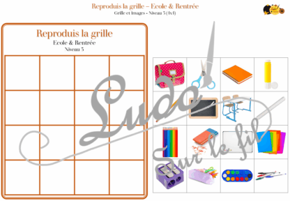 Reproduis la grille - Ecole et Rentrée - 48 modèles à reproduire - Repérage dans l'espace et vocabulaire spatial - Variante pour travailler la mémoire - Variante à deux pour le langage oral - Dicte, décris la grille pour que l'autre jouer la reproduise - jeu et atelier autonome Maternelle (Cycle 1) et Primaire (Cycle 2) - PDF à télécharger et à imprimer ou jeu imprimé - difficulté progressive - repérage spatial - se repérer dans une grille, dans un tableau - Thème Ecole, rentrée scolaire, fournitures scolaires - lslf