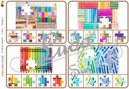 Jeu de cartes à pince - Puzzles - Thème Ecole et rentrée scolaire - 76 cartes autocorrectives de différents niveaux - 3 ou 4 propositions de réponses - Niveau 1 : pièces issues de puzzles différents - Niveau 2 : pièces issues du même puzzle - différents niveaux de difficulté - progressif - Autocorrection au dos : point grisé - Atelier autonome pré-scolaire, maternelle ou élémentaire - Cycles 1 et 2 - Document PDF à télécharger et imprimer ou jeu imprimé - Motricité fine et pince Pouce-Index avec pinces à linge, observation, discrimination visuelle, logique - ludique - Thème Ecole, Rentrée et fournitures scolaires - lslf