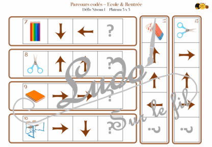 Suis les parcours codés - Ecole & Rentrée : fournitures scolaires, meubles, objets... - codage, repérage et vocabulaire spatial - jeu et atelier autonome et autocorrectif Maternelle (Cycle 1) et Primaire (Cycle 2) - Niveaux et difficulté progressifs - PDF à télécharger et à imprimer ou jeu imprimé - difficulté progressive et solutions - lslf