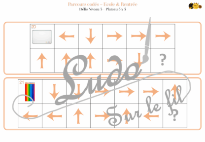 Suis les parcours codés - Ecole & Rentrée : fournitures scolaires, meubles, objets... - codage, repérage et vocabulaire spatial - jeu et atelier autonome et autocorrectif Maternelle (Cycle 1) et Primaire (Cycle 2) - Niveaux et difficulté progressifs - PDF à télécharger et à imprimer ou jeu imprimé - difficulté progressive et solutions - lslf