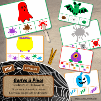 Jeu de cartes à pince sur les couleurs et le thème d'Halloween - Pour un thème sur les personnages et les créatures imaginaires - 78 cartes réparties en 6 niveaux de difficulté - progressif - 1, 2, 3 couleurs - Objets et couleurs ou deux objets différents - Autocorrection au dos - Atelier préscolaire et maternelle autonome - Thème Halloween - Support pédagogique - Document PDF à télécharger et imprimer ou jeu imprimé - Motricité fine et pince Pouce-Index avec pinces à linge - ludique - lslf