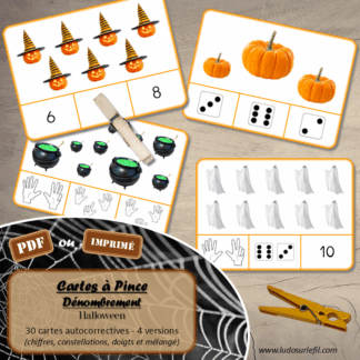 Jeu de cartes à pince de dénombrement de 1 à 15 - Thème Halloween - 30 cartes autocorrectives avec différentes représentations des nombres - constellations du dé, chiffres, doigts de la main, mélangé - compter de 1 à 15 - 120 cartes réparties en 4 niveaux de difficulté - progressif - Autocorrection au dos - Atelier autonome maternelle ou élémentaire - Cycles 1 et 2 - Document PDF à télécharger et imprimer ou jeu imprimé - Motricité fine et pince Pouce-Index avec pinces à linge - ludique - Thème Halloween, décoration, bonbons, citrouilles, peur, fantômes, sorcière, chaudrons... - lslf