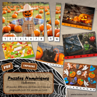 Jeu Puzzles numériques - Halloween - 28 puzzles en 9 niveaux progressifs - Suite numérique de 1 à 20 - Comptage de 2 en 2 - Chiffres pairs et impairs - Comptage de 10 en 10 - Connaissance Chiffres et Dizaines - Mathématiques - Comptine numérique - Personnages, décoration, bonbons, peur - Atelier autonome maternelle et élémentaire - PDF à télécharger et imprimer ou jeu imprimé - cycles 1 ou 2 - lslf
