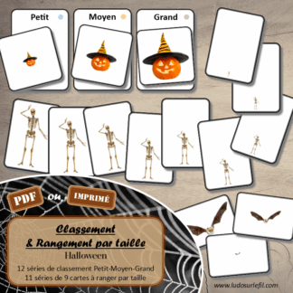 Jeu de classement, de rangement et de tri par taille - Halloween - Cartes à trier, à classer et à ranger - Petit Moyen Grand - Personnages, accessoires, décoration, peur, animaux... - fichier PDF à télécharger et à imprimer ou jeu imprimé - atelier autocorrectif maternelle et pré-scolaire - lslf