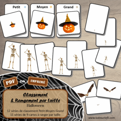 Jeu de classement, de rangement et de tri par taille - Halloween - Cartes à trier, à classer et à ranger - Petit Moyen Grand - Personnages, accessoires, décoration, peur, animaux... - fichier PDF à télécharger et à imprimer ou jeu imprimé - atelier autocorrectif maternelle et pré-scolaire - lslf