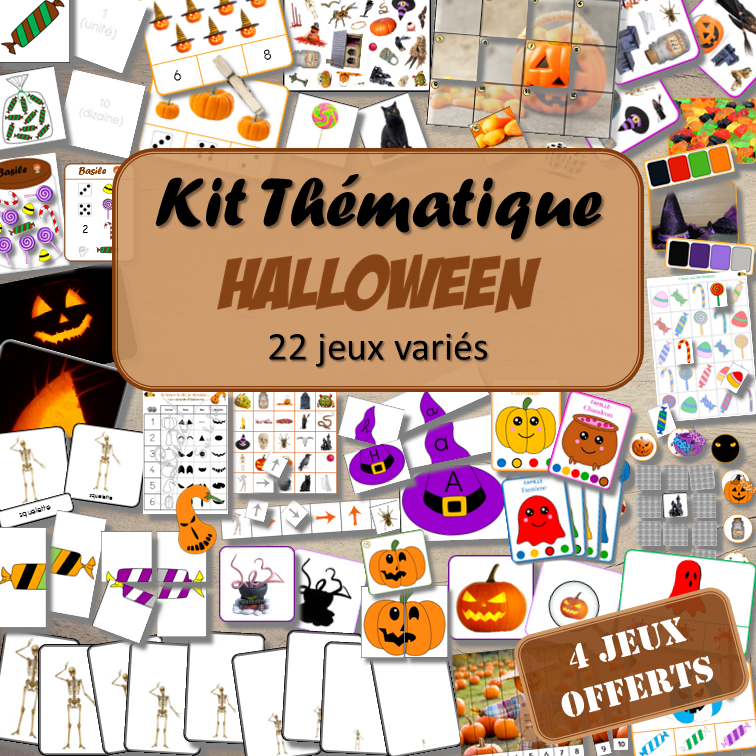 Kit thématique - Halloween - 22 jeux variés pour le prix de 18 - 4 jeux offerts - Jeux pédagogiques, éducatifs et ludiques - Atelier autonome Maternelle (Cycle 1) et Primaire (Cycle 2 et 3) - PDF à télécharger et à imprimer - Difficulté progressive et différents niveaux pour la différenciation - Tarif préférentiel, réduction - Thèmes Halloween, peur, décoration, animaux, personnages, citrouilles, bonbons, traditions... - lslf