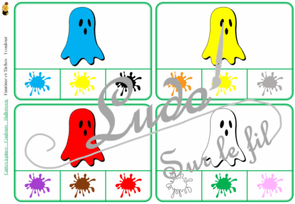 Jeu de cartes à pince sur les couleurs et le thème d'Halloween - Pour un thème sur les personnages et les créatures imaginaires - 78 cartes réparties en 6 niveaux de difficulté - progressif - 1, 2, 3 couleurs - Objets et couleurs ou deux objets différents - Autocorrection au dos - Atelier préscolaire et maternelle autonome - Thème Halloween - Support pédagogique - Document PDF à télécharger et imprimer ou jeu imprimé - Motricité fine et pince Pouce-Index avec pinces à linge - ludique - lslf