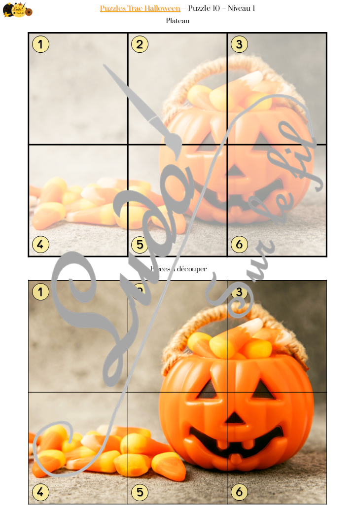 Jeu Puzzles Trac - Halloween - inspiré du célèbre Shut the box - Fermer la boîte - Trac - lance les dés, choisis les pièces et complète ton puzzle au maximum - Mathématiques, constellations, dénombrement, additions, décomposition additive, stratégie, probabilité, différentes représentations nombre - Jeu de société en 3 niveaux progressifs - de 1 à 18 - Atelier maternelle et élémentaire - PDF à télécharger et imprimer ou jeu imprimé - cycles 1 ou 2 - calcul - Peur, personnages, citrouilles, décoration - lslf