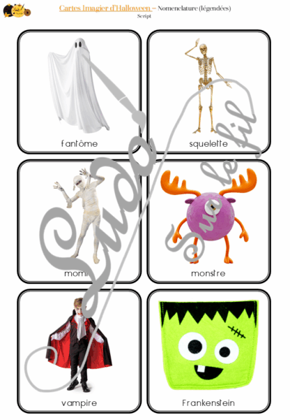 Jeu de cartes type Montessori (classifiées et de nomenclature) - Imagier d'Halloween - Personnages, décoration, animaux, sorcière, mort, peur - Photos sur fond blanc - Autocorrection au dos (noms pour lecteurs, symboles pour non lecteur) - 3 graphies disponibles - Script, majuscule, cursif - Document PDF à télécharger et imprimer ou jeu imprimé - 66 cartes - Tickets de lecture - atelier autocorrectif maternelle élémentaire - Cycle 1 ou 2 - discrimination visuelle, observation, culture générale, lecture de mots, langage oral, lexique - automne - lslf