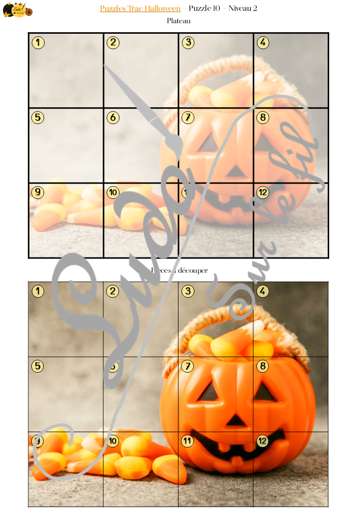 Jeu Puzzles Trac - Halloween - inspiré du célèbre Shut the box - Fermer la boîte - Trac - lance les dés, choisis les pièces et complète ton puzzle au maximum - Mathématiques, constellations, dénombrement, additions, décomposition additive, stratégie, probabilité, différentes représentations nombre - Jeu de société en 3 niveaux progressifs - de 1 à 18 - Atelier maternelle et élémentaire - PDF à télécharger et imprimer ou jeu imprimé - cycles 1 ou 2 - calcul - Peur, personnages, citrouilles, décoration - lslf