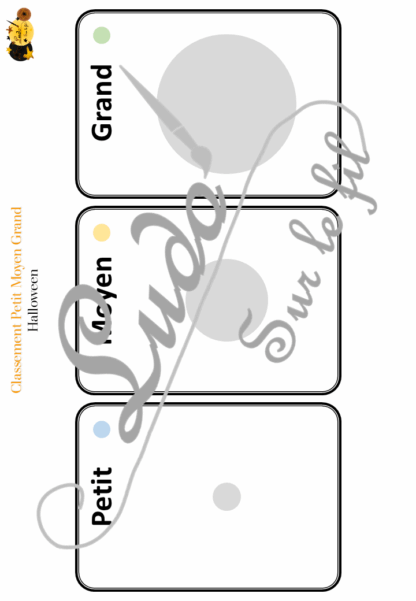 Jeu de classement, de rangement et de tri par taille - Halloween - Cartes à trier, à classer et à ranger - Petit Moyen Grand - Personnages, accessoires, décoration, peur, animaux... - fichier PDF à télécharger et à imprimer ou jeu imprimé - atelier autocorrectif maternelle et pré-scolaire - lslf