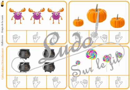 Jeu de cartes à pince de dénombrement de 1 à 15 - Thème Halloween - 30 cartes autocorrectives avec différentes représentations des nombres - constellations du dé, chiffres, doigts de la main, mélangé - compter de 1 à 15 - 120 cartes réparties en 4 niveaux de difficulté - progressif - Autocorrection au dos - Atelier autonome maternelle ou élémentaire - Cycles 1 et 2 - Document PDF à télécharger et imprimer ou jeu imprimé - Motricité fine et pince Pouce-Index avec pinces à linge - ludique - Thème Halloween, décoration, bonbons, citrouilles, peur, fantômes, sorcière, chaudrons... - lslf