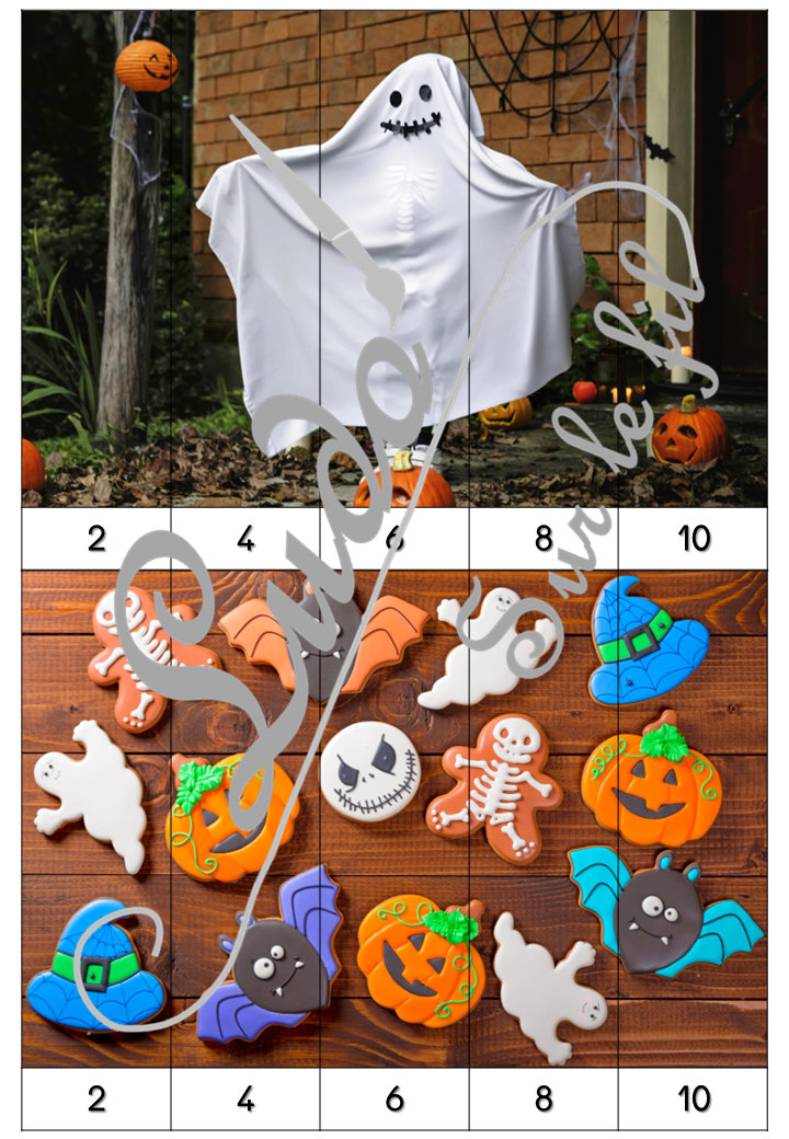 Jeu Puzzles numériques - Halloween - 28 puzzles en 9 niveaux progressifs - Suite numérique de 1 à 20 - Comptage de 2 en 2 - Chiffres pairs et impairs - Comptage de 10 en 10 - Connaissance Chiffres et Dizaines - Mathématiques - Comptine numérique - Personnages, décoration, bonbons, peur - Atelier autonome maternelle et élémentaire - PDF à télécharger et imprimer ou jeu imprimé - cycles 1 ou 2 - lslf