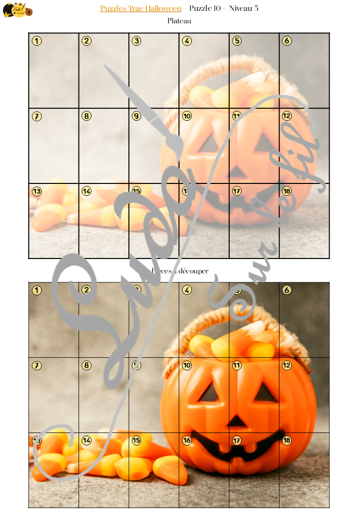 Jeu Puzzles Trac - Halloween - inspiré du célèbre Shut the box - Fermer la boîte - Trac - lance les dés, choisis les pièces et complète ton puzzle au maximum - Mathématiques, constellations, dénombrement, additions, décomposition additive, stratégie, probabilité, différentes représentations nombre - Jeu de société en 3 niveaux progressifs - de 1 à 18 - Atelier maternelle et élémentaire - PDF à télécharger et imprimer ou jeu imprimé - cycles 1 ou 2 - calcul - Peur, personnages, citrouilles, décoration - lslf