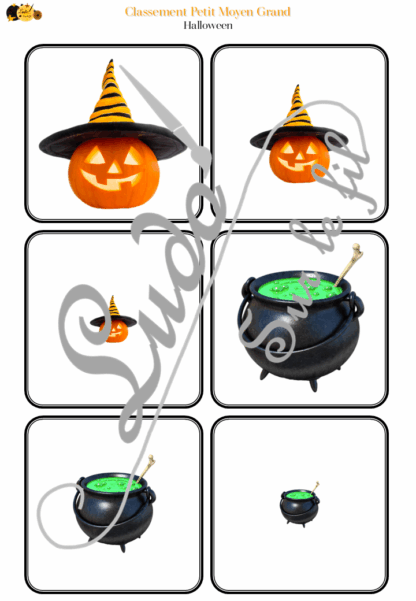 Jeu de classement, de rangement et de tri par taille - Halloween - Cartes à trier, à classer et à ranger - Petit Moyen Grand - Personnages, accessoires, décoration, peur, animaux... - fichier PDF à télécharger et à imprimer ou jeu imprimé - atelier autocorrectif maternelle et pré-scolaire - lslf