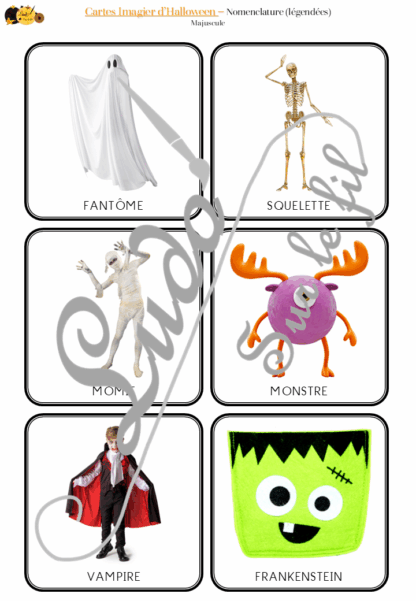 Jeu de cartes type Montessori (classifiées et de nomenclature) - Imagier d'Halloween - Personnages, décoration, animaux, sorcière, mort, peur - Photos sur fond blanc - Autocorrection au dos (noms pour lecteurs, symboles pour non lecteur) - 3 graphies disponibles - Script, majuscule, cursif - Document PDF à télécharger et imprimer ou jeu imprimé - 66 cartes - Tickets de lecture - atelier autocorrectif maternelle élémentaire - Cycle 1 ou 2 - discrimination visuelle, observation, culture générale, lecture de mots, langage oral, lexique - automne - lslf