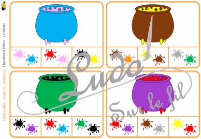 Jeu de cartes à pince sur les couleurs et le thème d'Halloween - Pour un thème sur les personnages et les créatures imaginaires - 78 cartes réparties en 6 niveaux de difficulté - progressif - 1, 2, 3 couleurs - Objets et couleurs ou deux objets différents - Autocorrection au dos - Atelier préscolaire et maternelle autonome - Thème Halloween - Support pédagogique - Document PDF à télécharger et imprimer ou jeu imprimé - Motricité fine et pince Pouce-Index avec pinces à linge - ludique - lslf