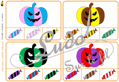 Jeu de cartes à pince sur les couleurs et le thème d'Halloween - Pour un thème sur les personnages et les créatures imaginaires - 78 cartes réparties en 6 niveaux de difficulté - progressif - 1, 2, 3 couleurs - Objets et couleurs ou deux objets différents - Autocorrection au dos - Atelier préscolaire et maternelle autonome - Thème Halloween - Support pédagogique - Document PDF à télécharger et imprimer ou jeu imprimé - Motricité fine et pince Pouce-Index avec pinces à linge - ludique - lslf