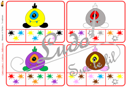 Jeu de cartes à pince sur les couleurs et le thème d'Halloween - Pour un thème sur les personnages et les créatures imaginaires - 78 cartes réparties en 6 niveaux de difficulté - progressif - 1, 2, 3 couleurs - Objets et couleurs ou deux objets différents - Autocorrection au dos - Atelier préscolaire et maternelle autonome - Thème Halloween - Support pédagogique - Document PDF à télécharger et imprimer ou jeu imprimé - Motricité fine et pince Pouce-Index avec pinces à linge - ludique - lslf