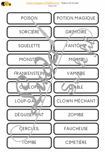 Jeu de cartes type Montessori (classifiées et de nomenclature) - Imagier d'Halloween - Personnages, décoration, animaux, sorcière, mort, peur - Photos sur fond blanc - Autocorrection au dos (noms pour lecteurs, symboles pour non lecteur) - 3 graphies disponibles - Script, majuscule, cursif - Document PDF à télécharger et imprimer ou jeu imprimé - 66 cartes - Tickets de lecture - atelier autocorrectif maternelle élémentaire - Cycle 1 ou 2 - discrimination visuelle, observation, culture générale, lecture de mots, langage oral, lexique - automne - lslf